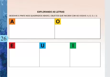 Atividade de exploração das letras A, E, O, I, U com espaços para desenho e pintura.