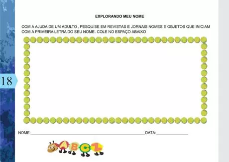 Atividade educativa sobre nomes com espaço para colar recortes.