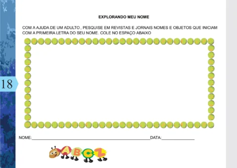 Atividade educativa sobre nomes com espaço para colar recortes.