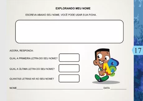 Atividade educativa sobre o nome da criança, com perguntas sobre as letras do nome.