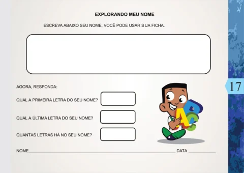 Atividade educativa sobre o nome da criança, com perguntas sobre as letras do nome.