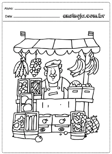 Desenho de um feirante em uma barraca de frutas e verduras.