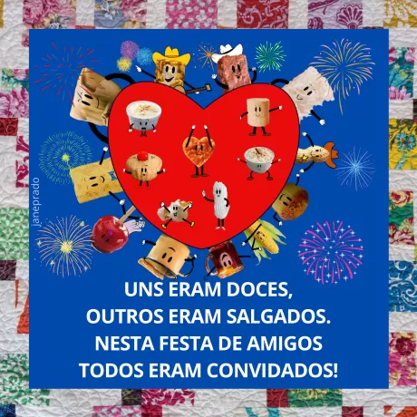 Ilustração colorida com personagens de alimentos em um coração, celebrando uma festa.