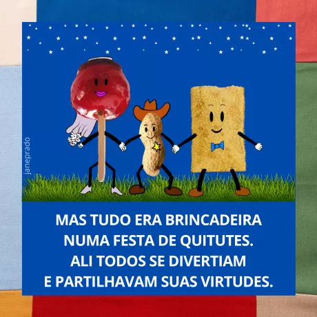 Personagens animados de doces e quitutes segurando as mãos em uma festa.