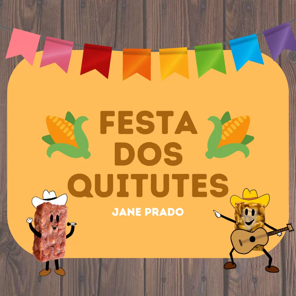 Ilustração da Festa dos Quitutes com personagens animados e bandeirinhas coloridas.