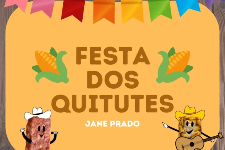 Ilustração da Festa dos Quitutes com personagens animados e bandeirinhas coloridas.