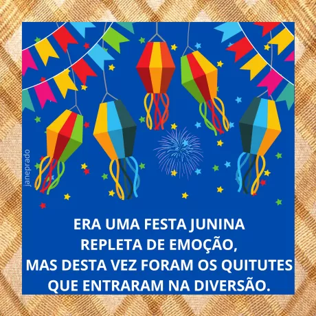 Decoração de festa junina com balões coloridos e fogos de artifício ao fundo.