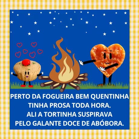 Personagens de biscoito e torta ao lado de uma fogueira sob um céu azul.