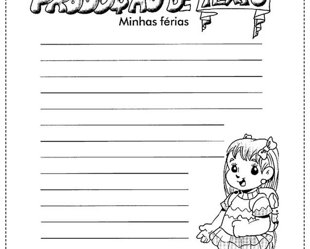 Folha de produção de texto com o título 'Minhas férias' e uma ilustração de uma menina.