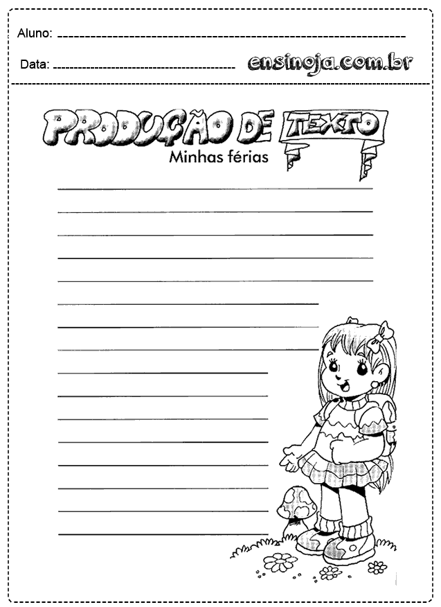 Folha de produção de texto com o título 'Minhas férias' e uma ilustração de uma menina.