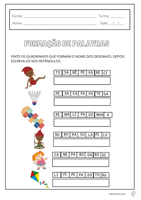 Atividade educacional para formação de palavras com desenhos e espaços para escrita.