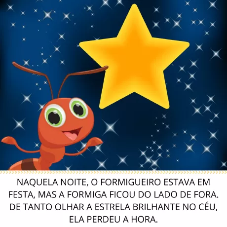 Uma formiga animada sorridente olhando para uma estrela brilhante no céu.