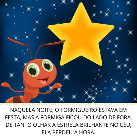 Uma formiga animada sorridente olhando para uma estrela brilhante no céu.