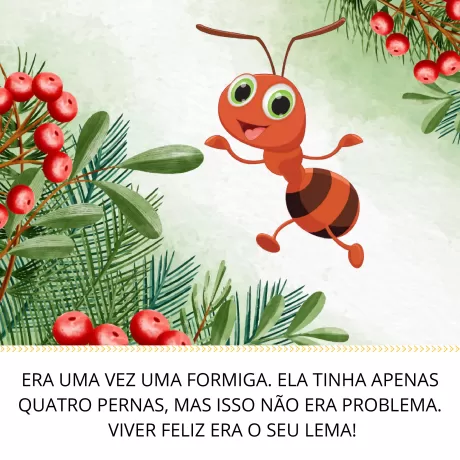 Uma formiga animada pulando entre folhas e frutas vermelhas.