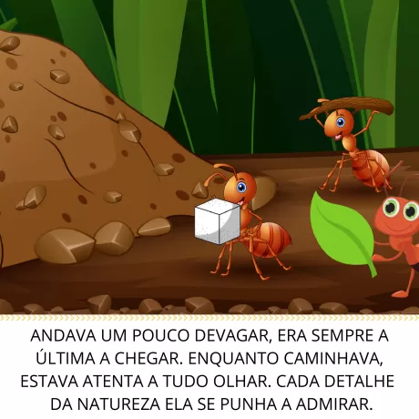 Ilustração de formigas carregando um cubo de açúcar em um ambiente natural.