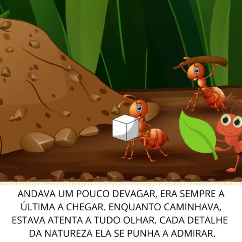 Ilustração de formigas carregando um cubo de açúcar em um ambiente natural.
