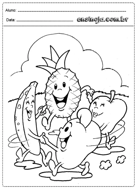 Desenho de frutas dançando e se divertindo.