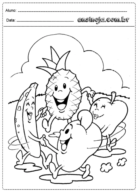 Desenho de frutas dançando e se divertindo.