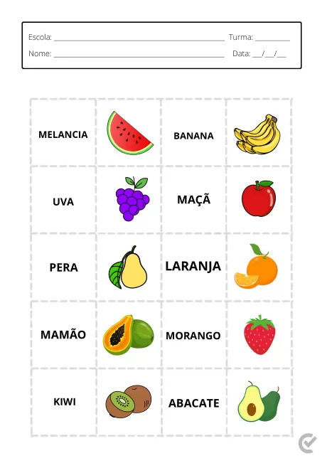Tabela com ilustrações de frutas: melancia, banana, uva, maçã, pera, laranja, mamão, morango, kiwi e abacate.