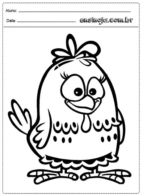 Desenho de uma galinha com laço, pronta para colorir.