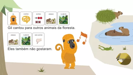 Um macaco chamado Gil cantando para outros animais da floresta, incluindo uma raposa, um sapo e castores perto de um lago.