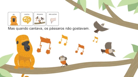 Um macaco chamado Gil cantando em uma árvore, enquanto pássaros voam ao redor e expressam descontentamento.