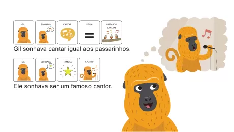 Ilustração de um macaco laranja sonhando em ser um cantor famoso, com notas musicais e imagens de passarinhos.