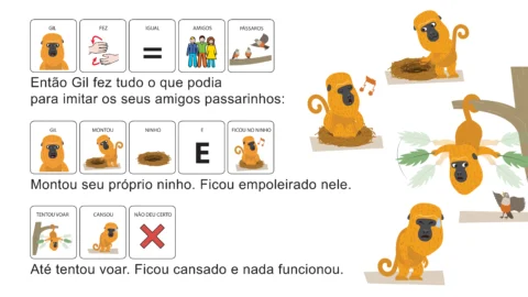 Ilustração de um macaco chamado Gil tentando imitar passarinhos e construir seu próprio ninho.