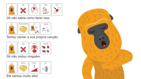 Ilustração de um gorila chamado Gil tentando cantar, com símbolos que representam suas tentativas e resultados.
