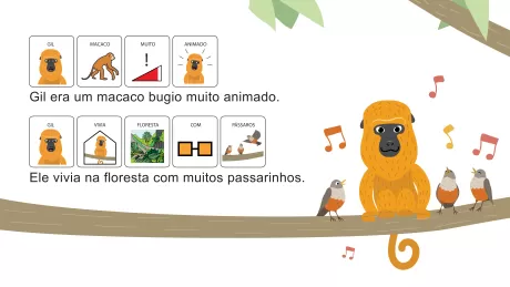 Ilustração de um macaco bugio laranja em uma árvore com pássaros ao redor.