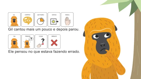 Ilustração de um macaco laranja com expressão pensativa, ao lado de ícones representando ações de cantar e parar.