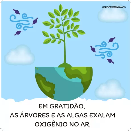 Ilustração de uma árvore crescendo sobre o planeta Terra, com nuvens e peixes ao redor, simbolizando a gratidão das árvores e algas que exalam oxigênio.
