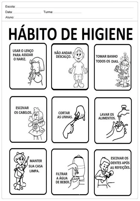 Cartaz sobre hábitos de higiene com ilustrações e instruções.