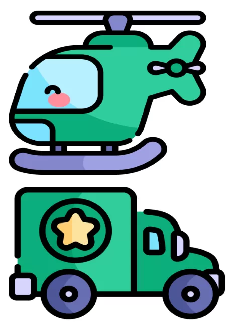 Ilustração de um helicóptero verde sorridente acima de um caminhão verde com uma estrela.