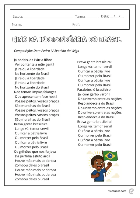 Texto do Hino da Independência do Brasil com ilustração de uma criança segurando a bandeira do Brasil.