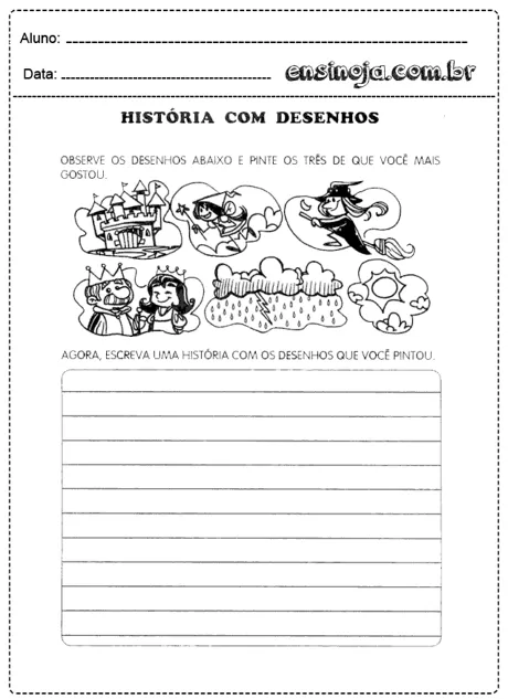 Atividade de história com desenhos para crianças, onde elas devem pintar e escrever uma história.