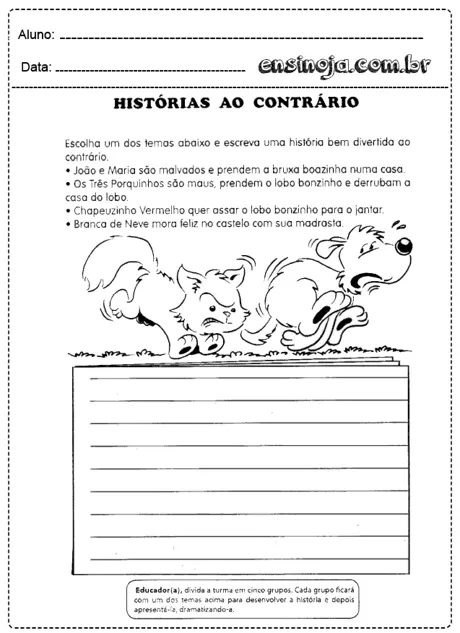 Atividade de escrita sobre histórias ao contrário com ilustrações de animais.