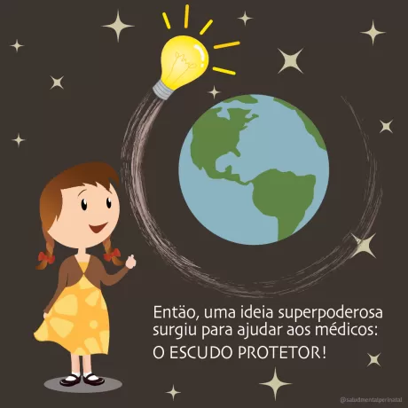 Ilustração de uma menina com uma lâmpada acesa ao lado da Terra, representando uma ideia inovadora.