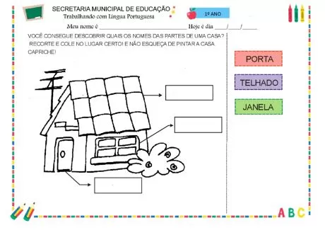 Desenho de uma casa com partes a serem identificadas e coloridas.