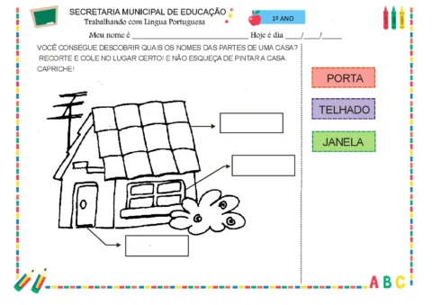 Desenho de uma casa com partes a serem identificadas e coloridas.