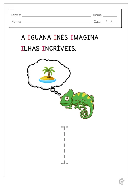 Desenho de uma iguana verde pensando em ilhas tropicais.