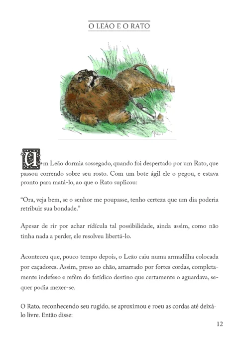 Ilustração do Leão e do Rato, com o Leão deitado e o Rato próximo a ele.