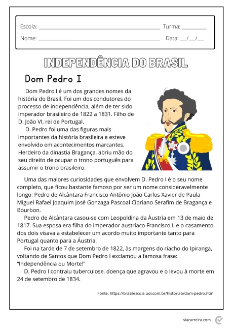 Ilustração de Dom Pedro I, com informações sobre sua importância na história do Brasil.
