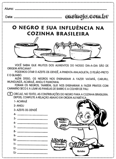 Atividade sobre a influência da cultura negra na culinária brasileira, com ilustrações de alimentos e uma criança segurando ingredientes.