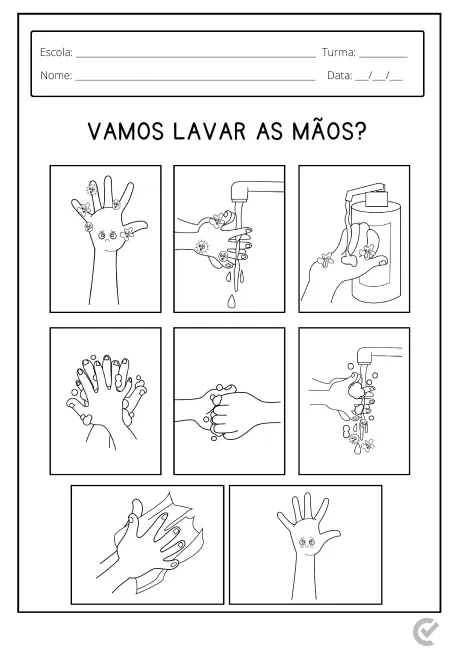Sequência de ilustrações mostrando como lavar as mãos corretamente.