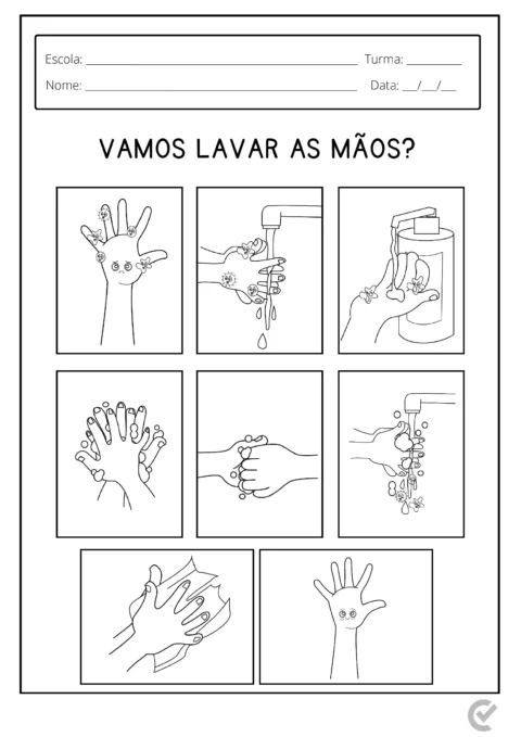 Sequência de ilustrações mostrando como lavar as mãos corretamente.