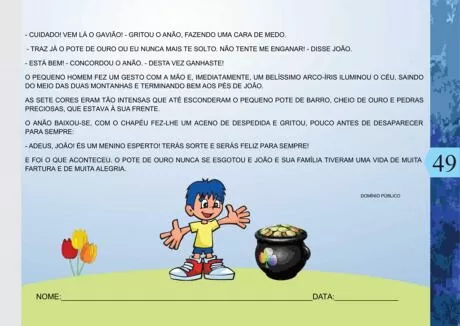 Ilustração de um menino com um pote de ouro e flores ao fundo.