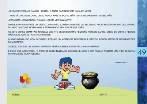 Ilustração de um menino com um pote de ouro e flores ao fundo.