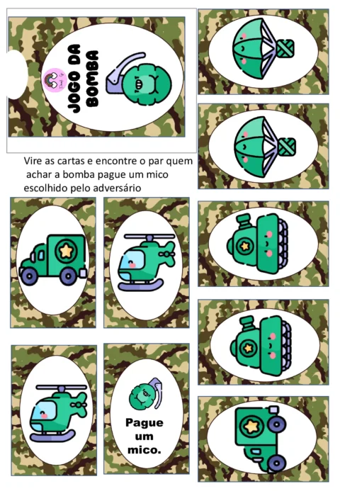 Cartas do jogo da bomba com ilustrações de um mico, um helicóptero e um caminhão em um fundo camuflado.