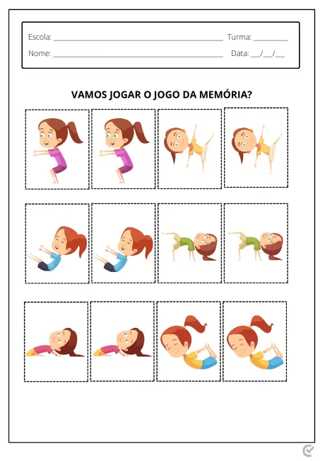 Atividades de jogo da memória com ilustrações de crianças realizando diferentes movimentos.